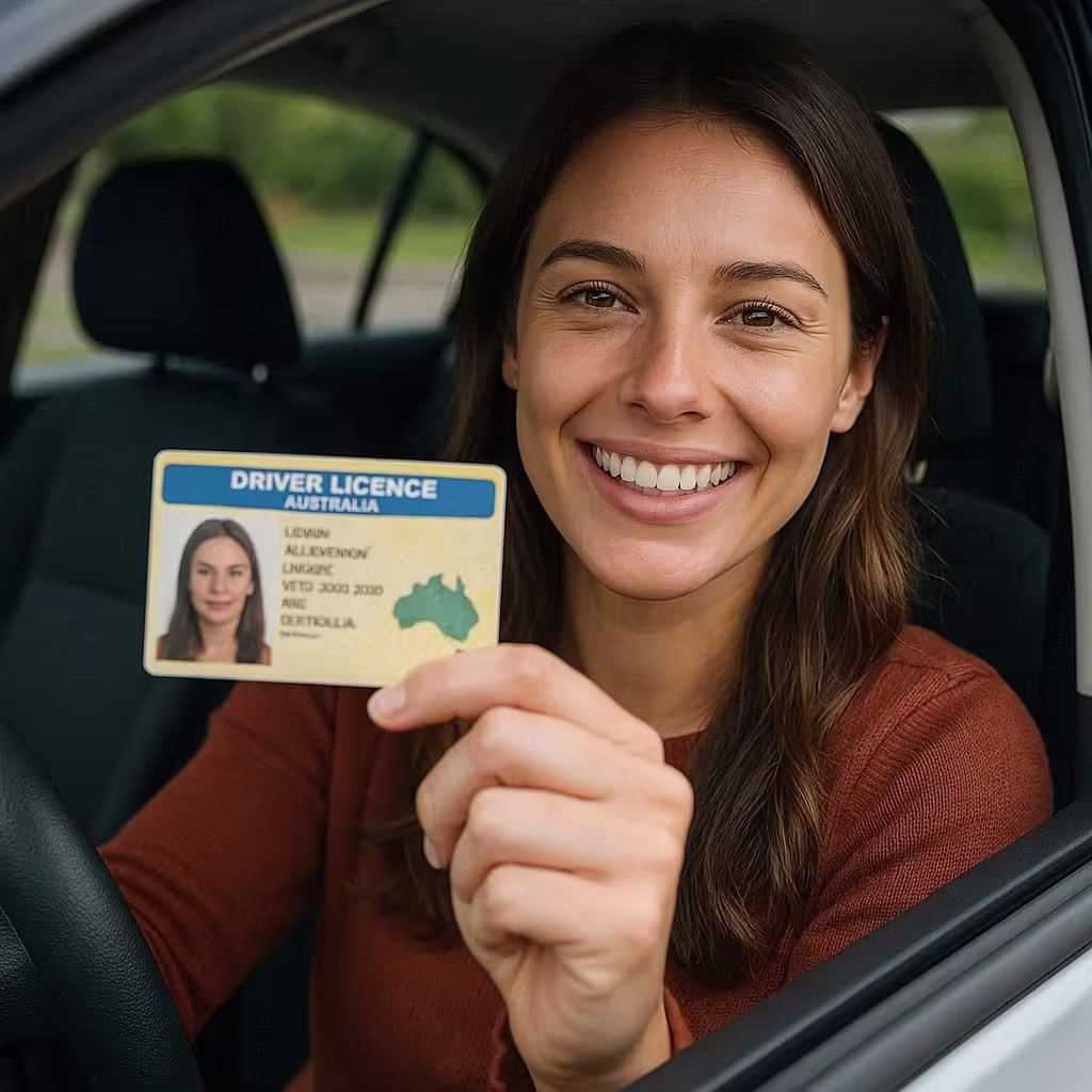 A woman holding an Australian driver's licence.